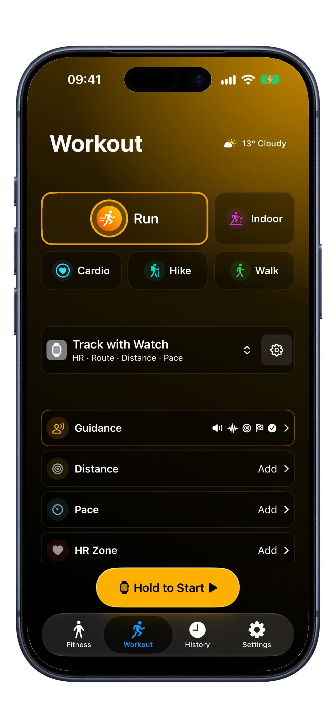 RunZone iPhone Workout tab showing workout type selection, tracking device selection, and workout goals