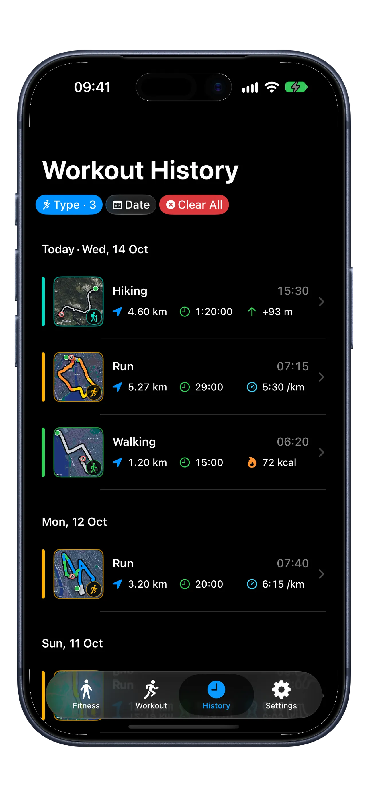 RunZone Premium iPhone 18 Pro Workout History with workout-type and date filters, recorded routes, and workout summaries