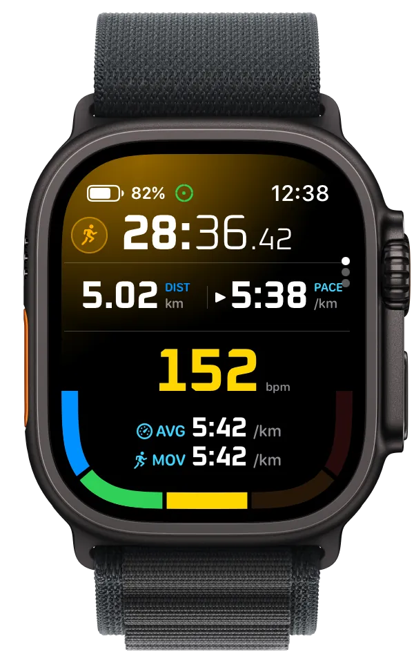 RunZone Premium Apple Watch showing pace, heart rate, and goal guidance