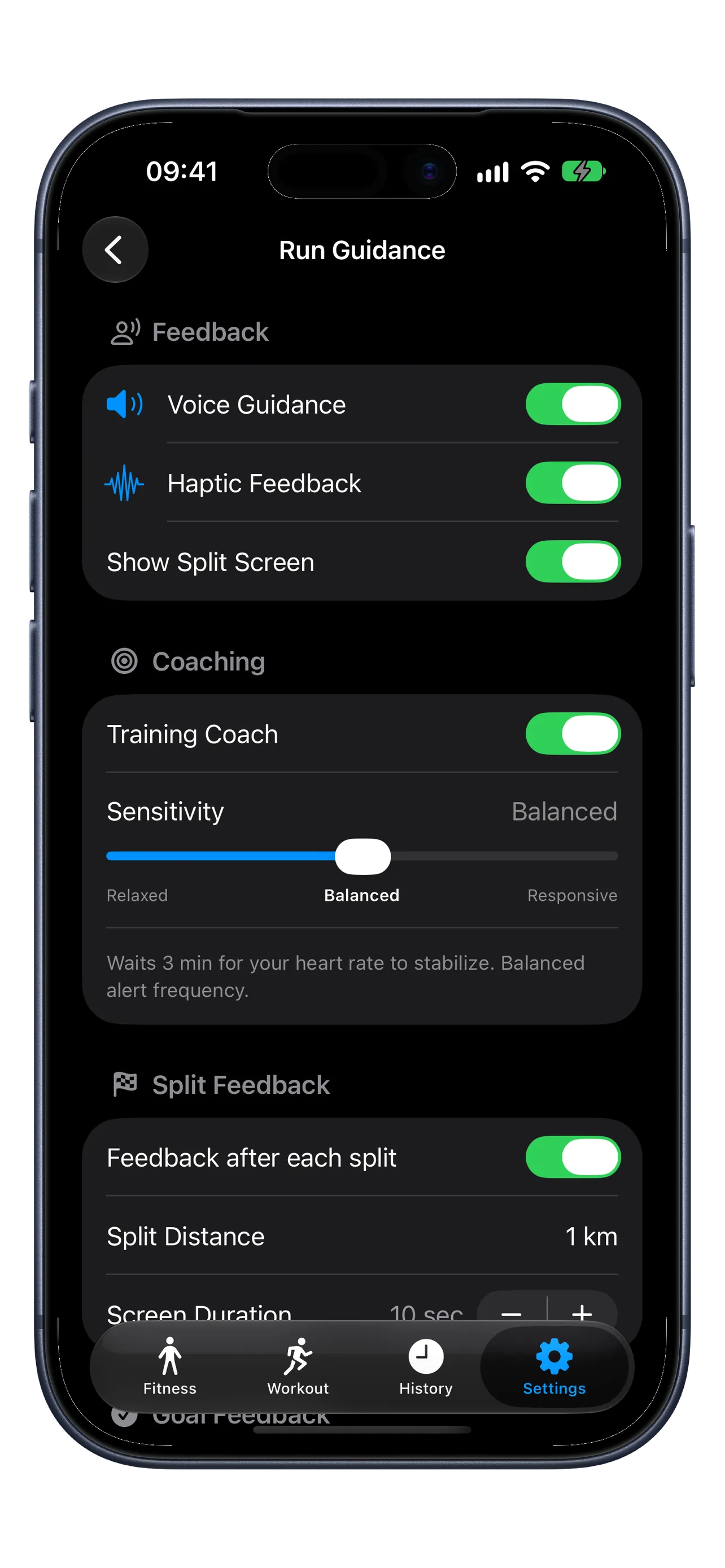 RunZone iPhone per-workout Guidance settings preview