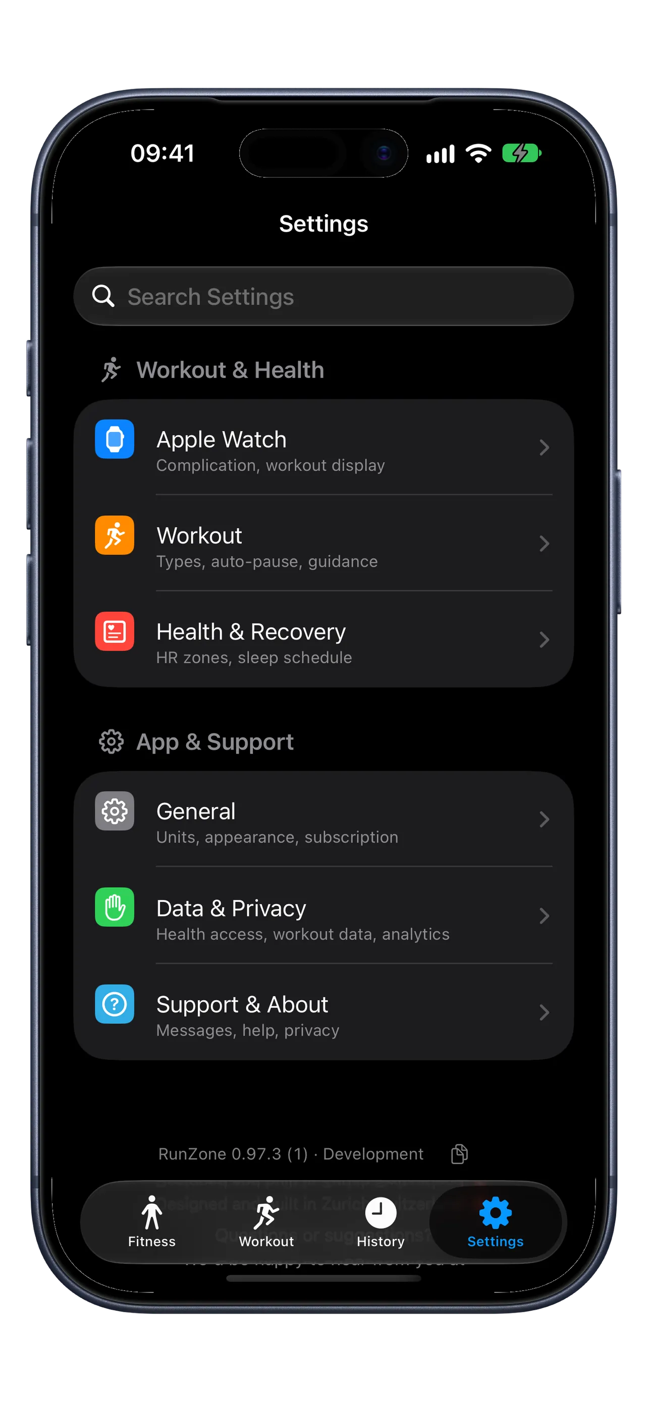 RunZone iPhone Settings showing workout and health settings, General, and Data and Privacy