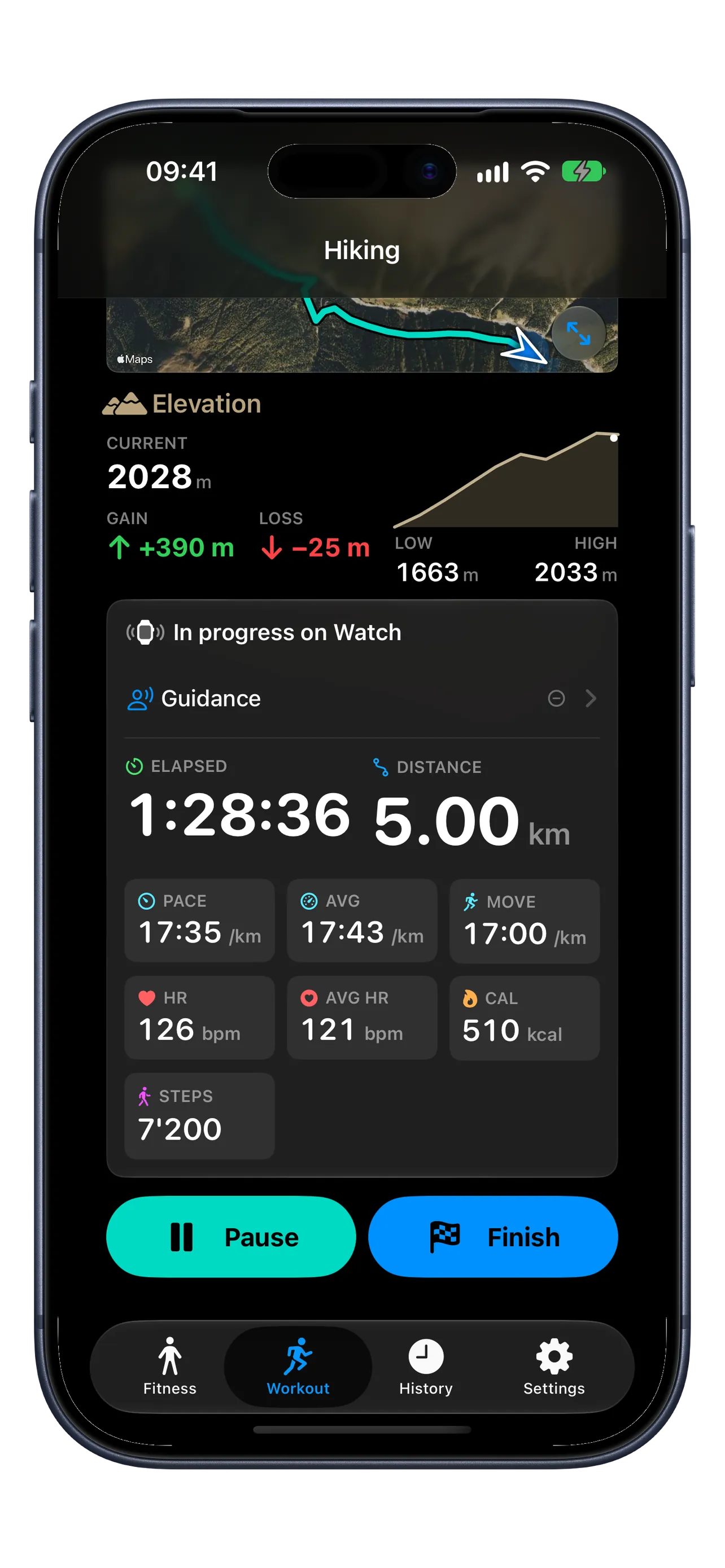 RunZone Premium iPhone active hike with recorded route, current elevation, ascent, and descent