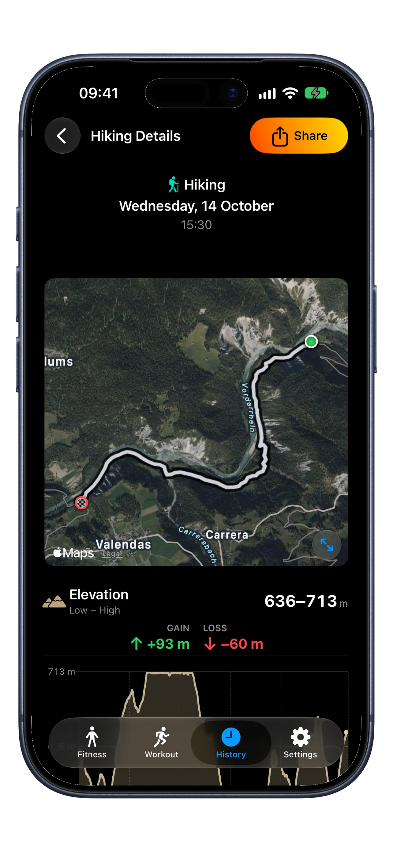 RunZone iPhone Premium Hiking workout detail showing the low and high elevation range with ascent and descent