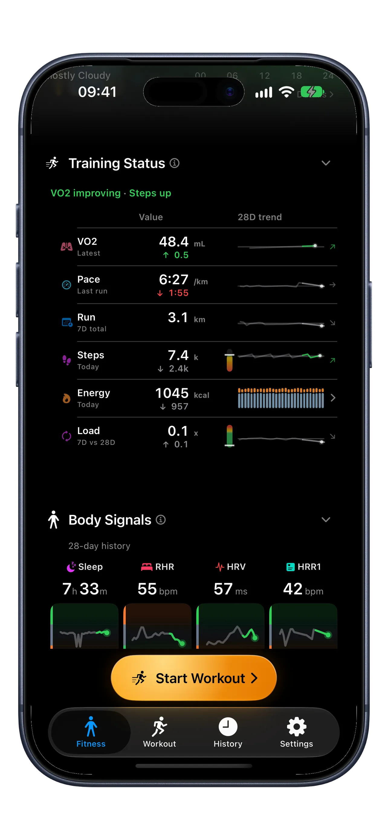 RunZone Premium iPhone 18 Pro Training Status with fitness, pace, distance, steps, energy, and training load comparisons